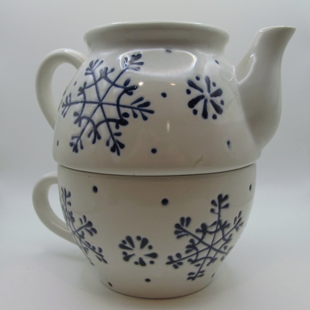 Nantucket Ceramic Blue Snowflake Teapot for One with Mug New